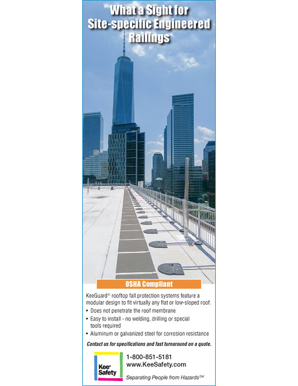 KeeGuard roof edge safety railings featured in an ad running in Environmental Health & Safety (EHS) 